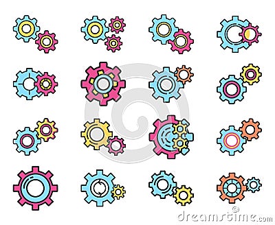 gears set colorful flat icons teamwork cooperation precision, meshing connection movement interlocking Vector Illustration