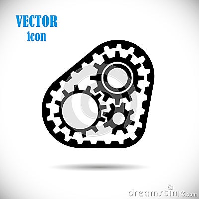 Gears with timing belt, icon. The concept of operation of the engine or drive chain mechanisms. Vector illustration. Vector Illustration