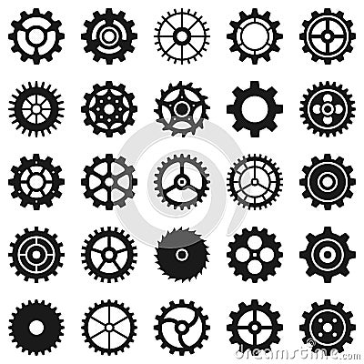 Gears. Transmission cog wheels and machine gearings, technical mecanisme, engineering motor, app button black silhouette Vector Illustration