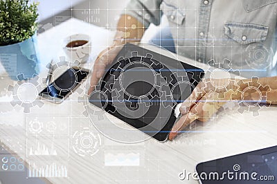 Gears on virtual screen. Business strategy and technology concept. Automation process. Stock Photo