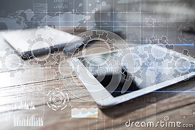 Gears on virtual screen. Business strategy and technology concept. Automation process. Stock Photo