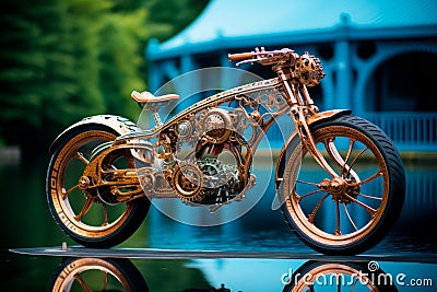 Gears by the Water: Robotic Motif Bike with Liquid Metal Aesthetics Stock Photo