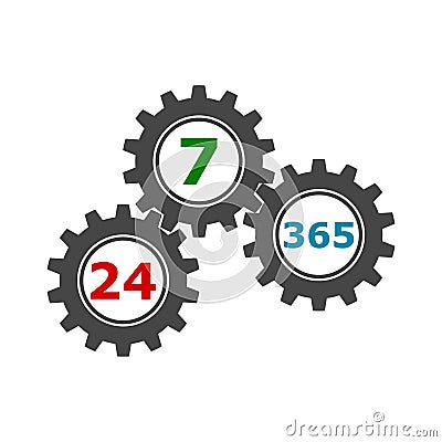 24/7/365 gears, Support icon, Open 24/7 - 365, 24/7 365, 24/7 365 sign Vector Illustration