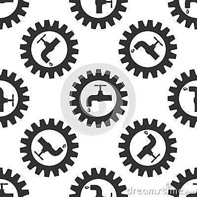 Gearwheel with tap sign as plumbing work logo icon seamless pattern on white background Stock Photo