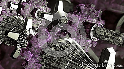 Gearwheels spinning background with marble colorful parts. Motion. Abstract mechanical transmission made of shiny metal Stock Photo