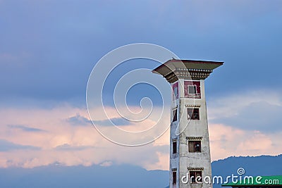 Gedu concrete Tower, a typical bhutanese style tower in the small town Gedu, Bhutan Stock Photo