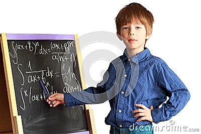 Geek boy explaining how to solve integral rational functions Stock Photo