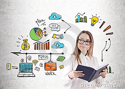 Geek girl with book and IT startup Stock Photo