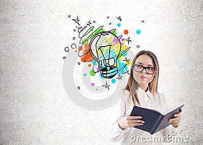 Geek girl and bright idea sketch Stock Photo