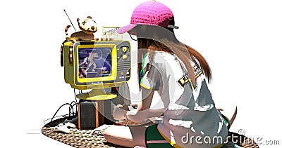 A geek girl playing vintage video games. Stock Photo