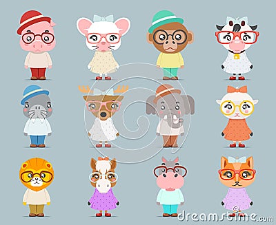 Geek hipster cute animal boy girl cubs mascot cartoon icons set flat design vector illustration Vector Illustration