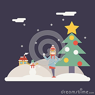 Geek Hipster Girl and Snowman Character with Vector Illustration