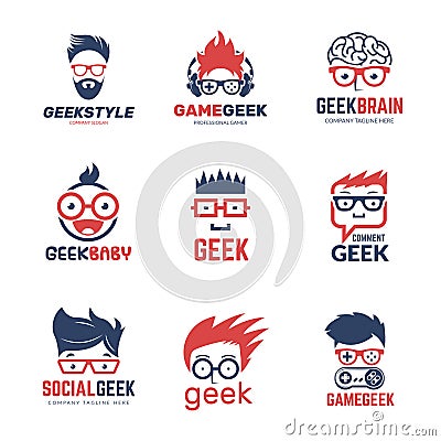 Geek logo. Business identity of smart programmers thinking nerd computer education vector design template Vector Illustration