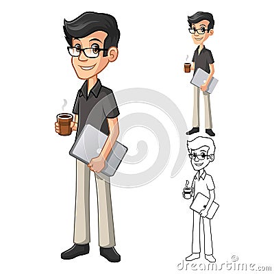 Geek Man with Glasses Holding a Coffee and Notebook Cartoon Character Vector Illustration