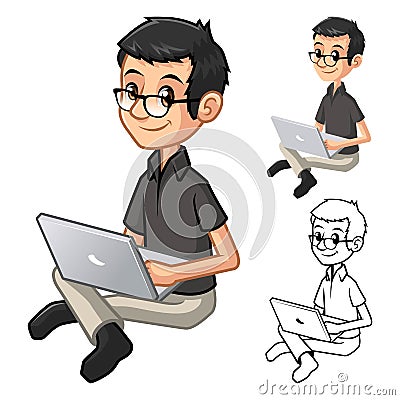 Geek Man with Glasses Playing Typing Notebook Cartoon Character Vector Illustration