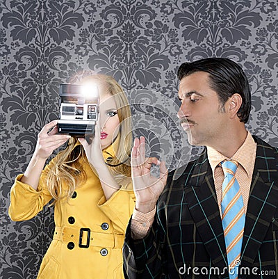 Geek mustache man reporter fashion girl Stock Photo