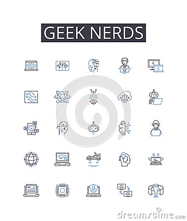 Geek nerds line icons collection. Brainiacs, Savants, Technophiles, Intellects, Cognoscenti, Brainy bunch, Know-it-alls Vector Illustration