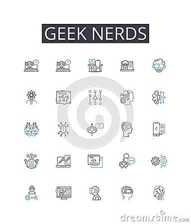Geek nerds line icons collection. Brainiacs, Savants, Technophiles, Intellects, Cognoscenti, Brainy bunch, Know-it-alls Vector Illustration