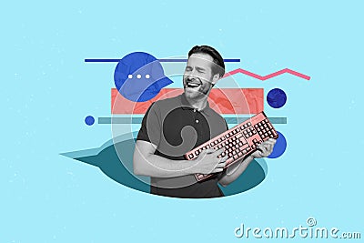 Geek programmer collage illustration of young student guy learn code enjoy his job singing play guitar keyboard isolated Cartoon Illustration