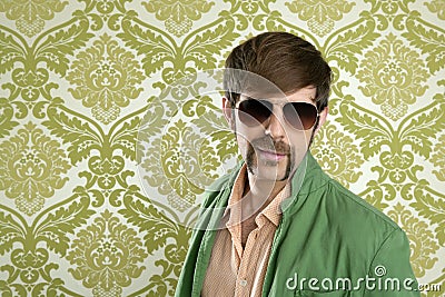 Geek retro salesperson man funny mustache Stock Photo