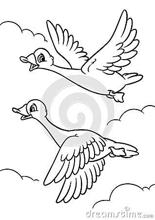 Geese fly sky clouds coloring page Cartoon Illustration