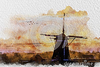 Geese flying against the sunset on the Dutch windmill watercolor Stock Photo