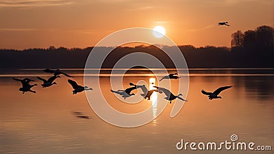 Geese silhouettes flying in a V-formation across the evening sky, Stock Photo