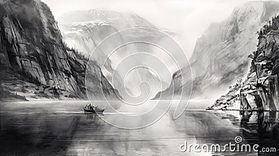 Geiranger Fjord Norway illustration in black and white pencil sketch - made with Generative AI tools Cartoon Illustration