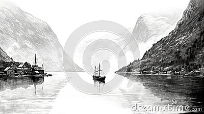 Geiranger Fjord Norway illustration in black and white pencil sketch - made with Generative AI tools Cartoon Illustration