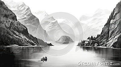 Geiranger Fjord Norway illustration in black and white pencil sketch - made with Generative AI tools Cartoon Illustration