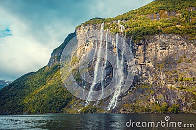 Geiranger fjord. Seven Sisters Waterfall Stock Photo