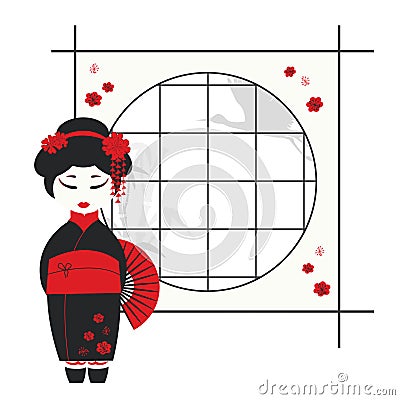 Geisha girl with fan Vector Illustration