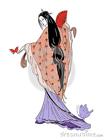 Geisha girl with fan and butterfly is dancing. Beautiful japanese women in national dress. Vector Illustration