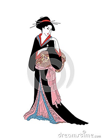 Geisha girl with flower. Beautiful japanese women in national dress. Vector Illustration