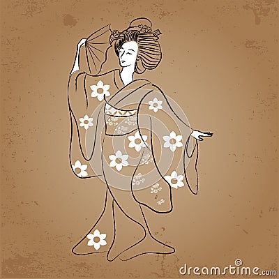 Geisha Japan classical Japanese woman ancient style of drawing. Dancing geisha Vector Illustration