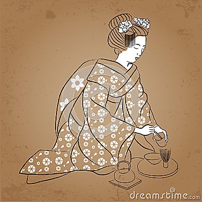 Geisha Japan classical Japanese woman ancient style of drawing. Geisha makes a tea Vector Illustration