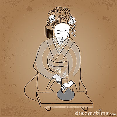 Geisha Japan classical Japanese woman ancient style of drawing. Geisha makes a tea Vector Illustration