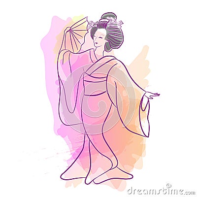 Geisha Japan classical Japanese woman waterclolr style of drawing. Dancing Japanese girl Vector Illustration