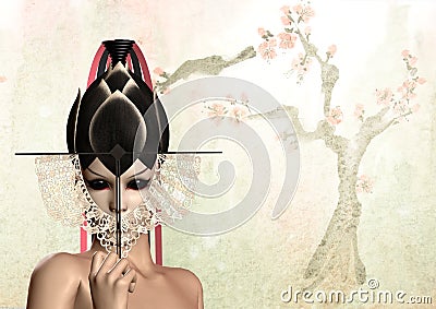 Geisha japanese woman with black fan over the tree Cartoon Illustration