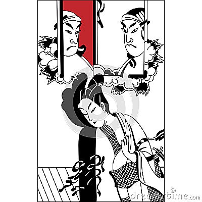 Geisha. Japanese Woman.Japanese banner. Vintage hand draw art Vector Illustration