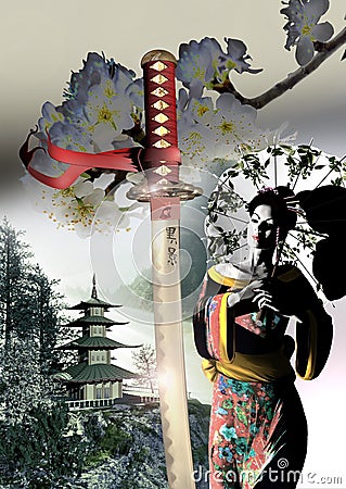 Geisha, katana and pagoda Stock Photo