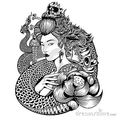 Geisha Naga Lotus black skull asia thailand Vector Illustration
