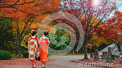 Geisha at Osaka Castle Park in Autumn Editorial Stock Photo