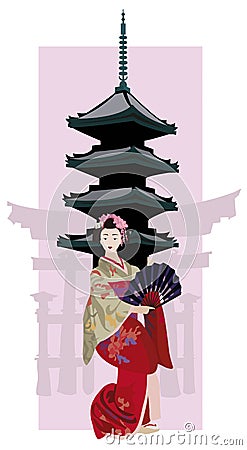 Geisha and Pagoda Vector Illustration