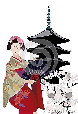 Geisha and Pagoda Vector Illustration