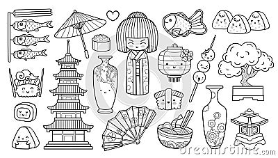 Geisha, sushi, onigiri, ramen, fan and umbrella. Popular japanese symbols. Outline vector illustration. Hand-drawn Vector Illustration