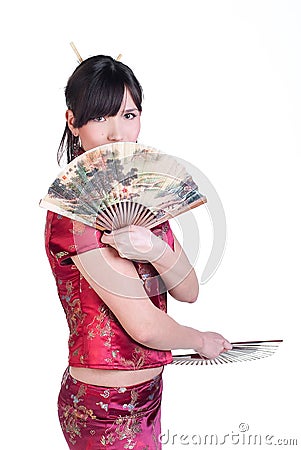 Geisha with two fans Stock Photo