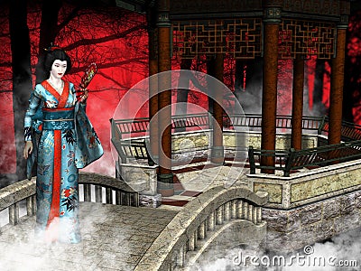 Geisha Woman, Red Forest Illustration Stock Photo