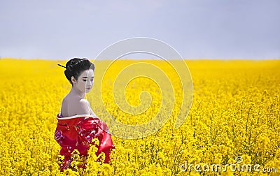 Geisha in the yellow field Stock Photo