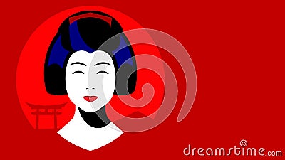 Geisha. Young pretty geisha in kimono and traditional hairstyle with kanzashi. Silhouette of Torii and a Mountain on a red Vector Illustration